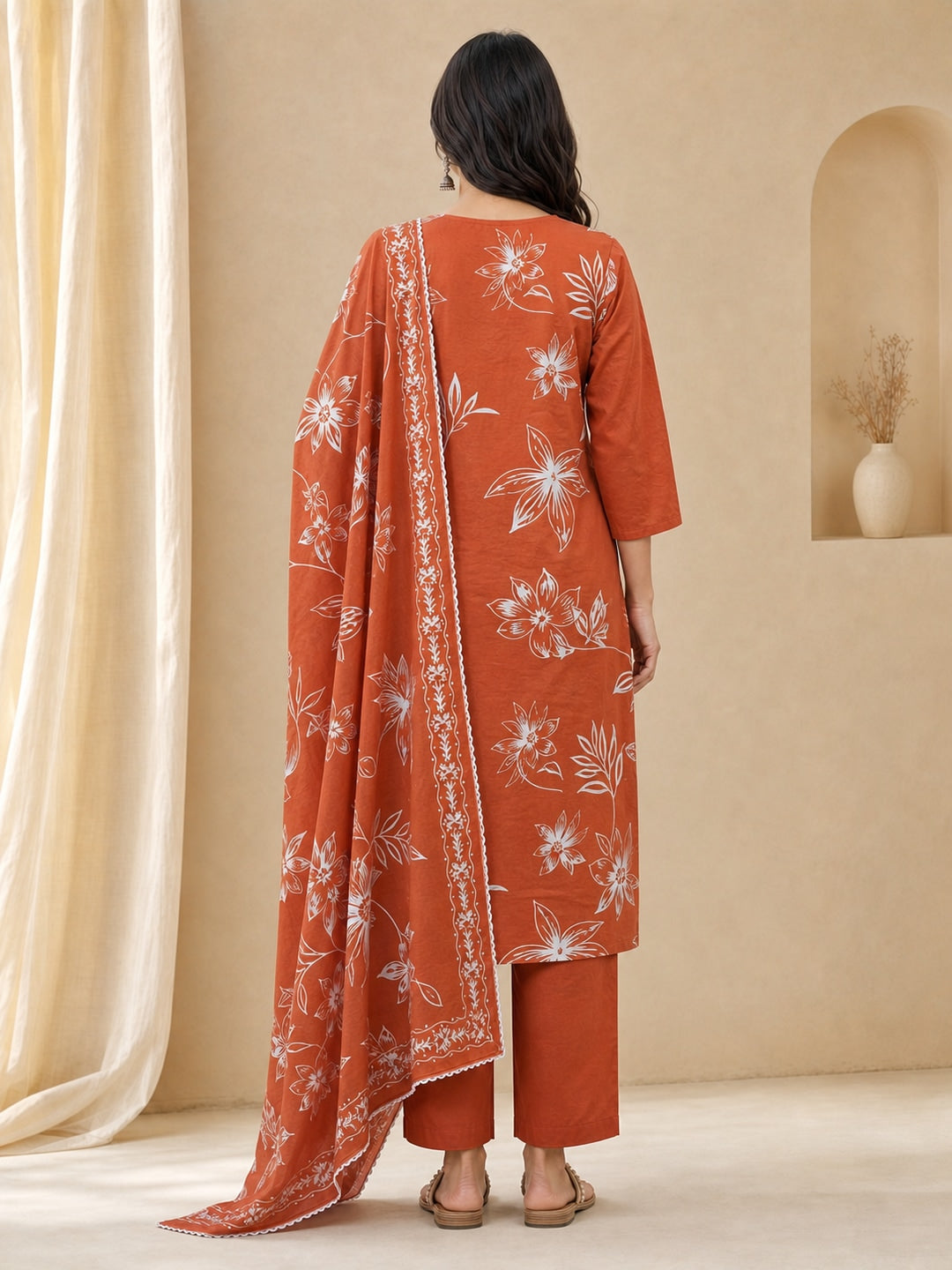 Rust Pure Cotton Katha Work Printed Salwar Suit Set - Image 5