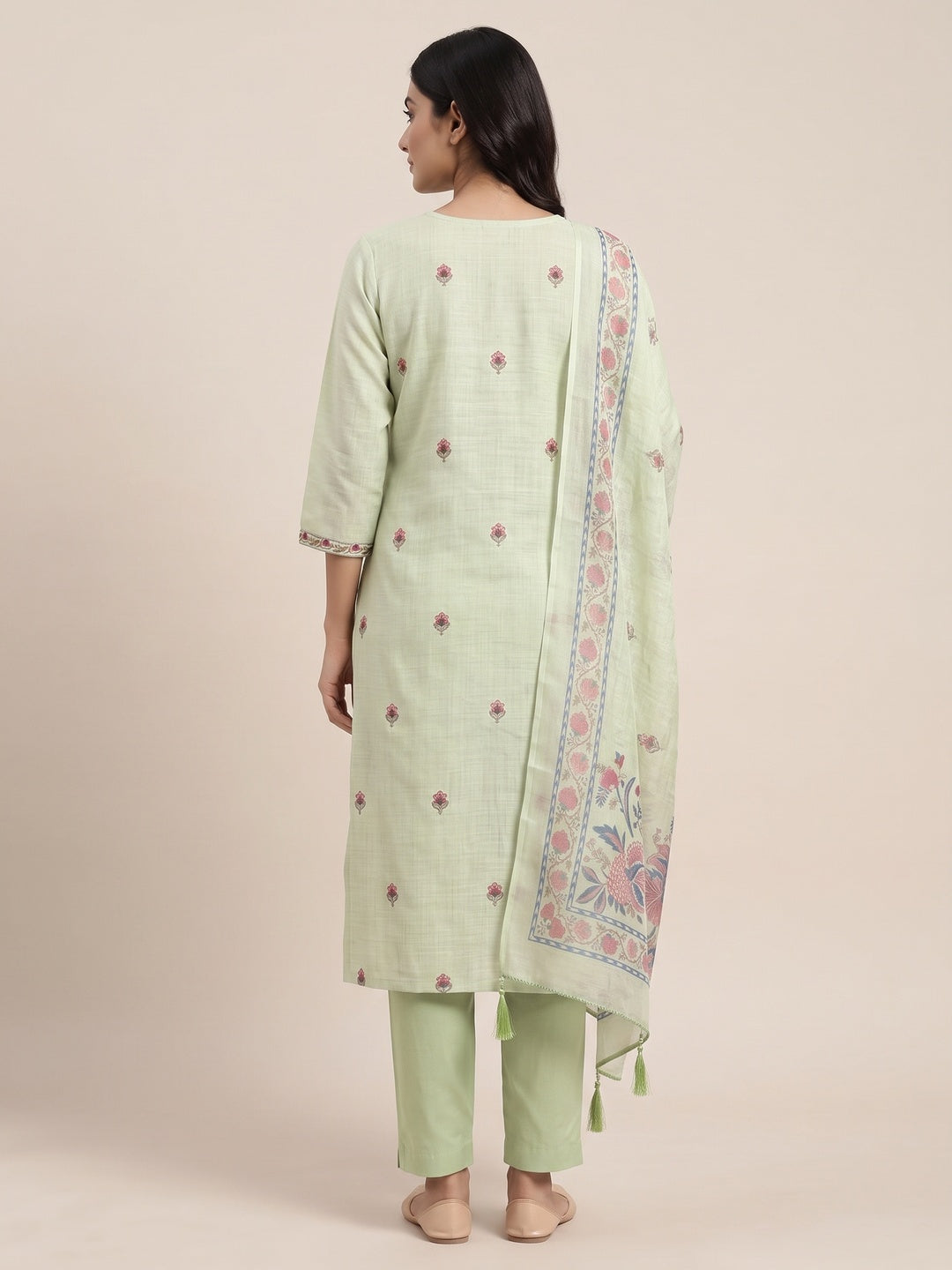 Peachmode Green Floral Embroidered Linen Cotton Dress Material - Image 3