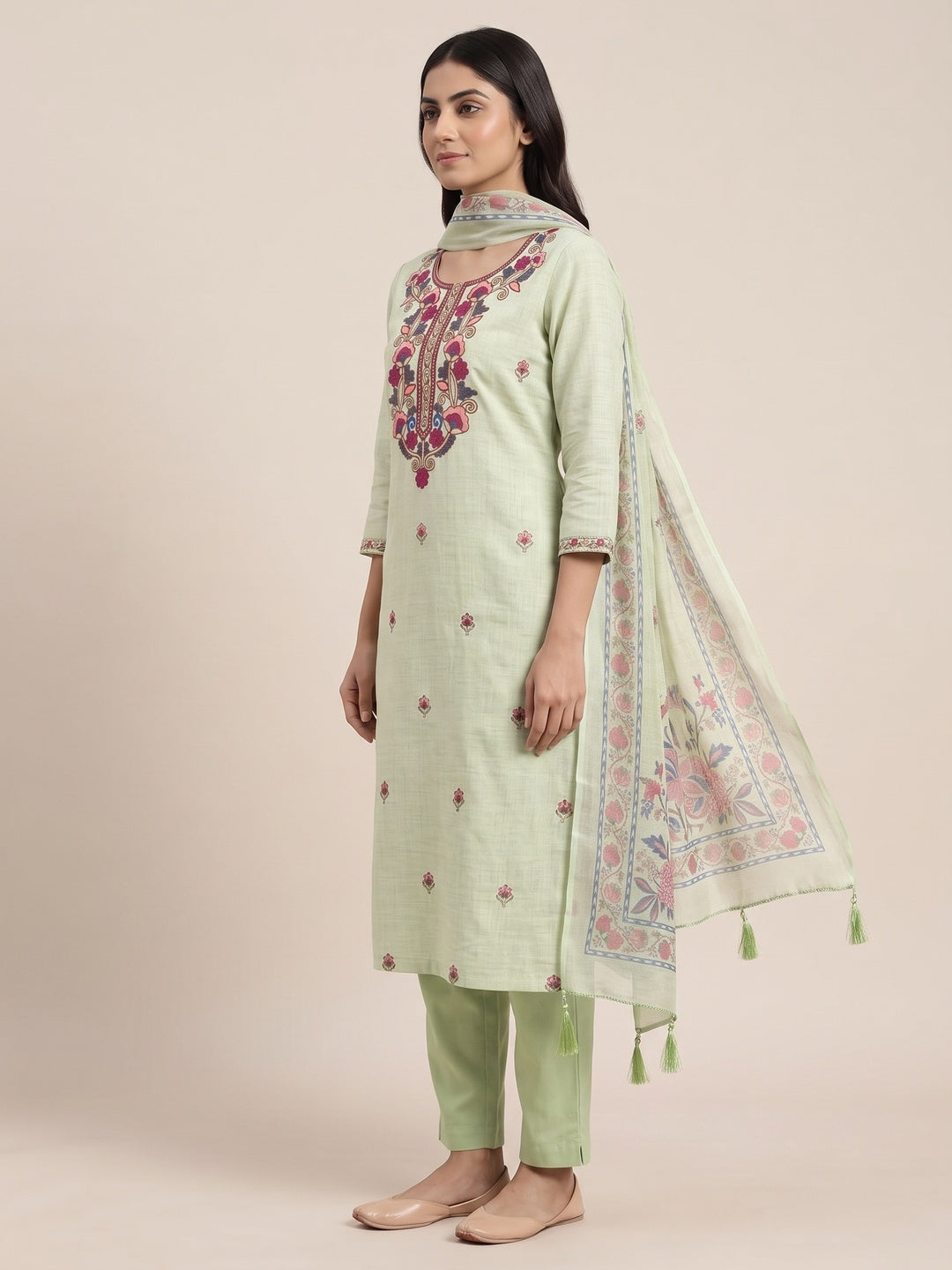 Peachmode Green Floral Embroidered Linen Cotton Dress Material - Image 4