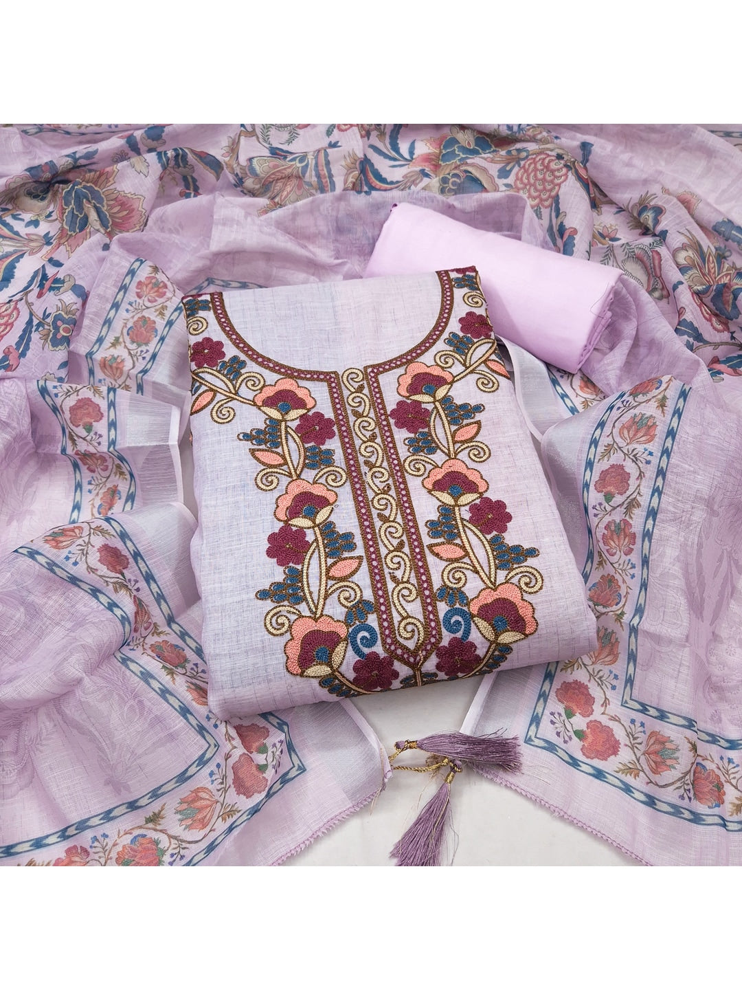 Peachmode Lavender Floral Embroidered Linen Cotton Dress Material - Image 2