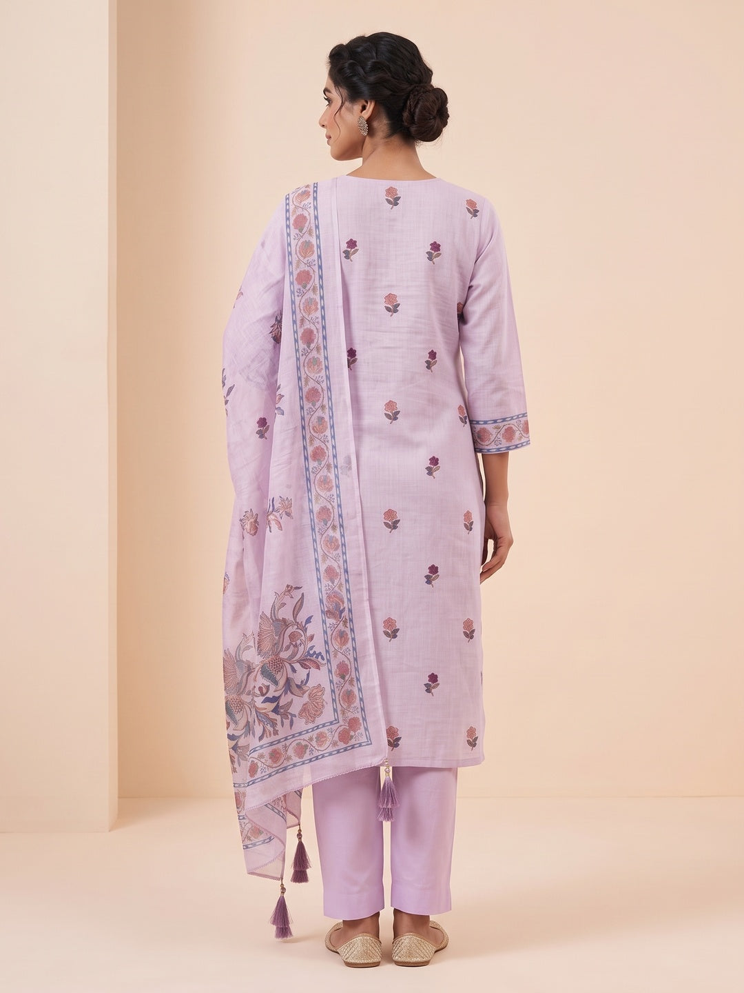 Peachmode Lavender Floral Embroidered Linen Cotton Dress Material - Image 3