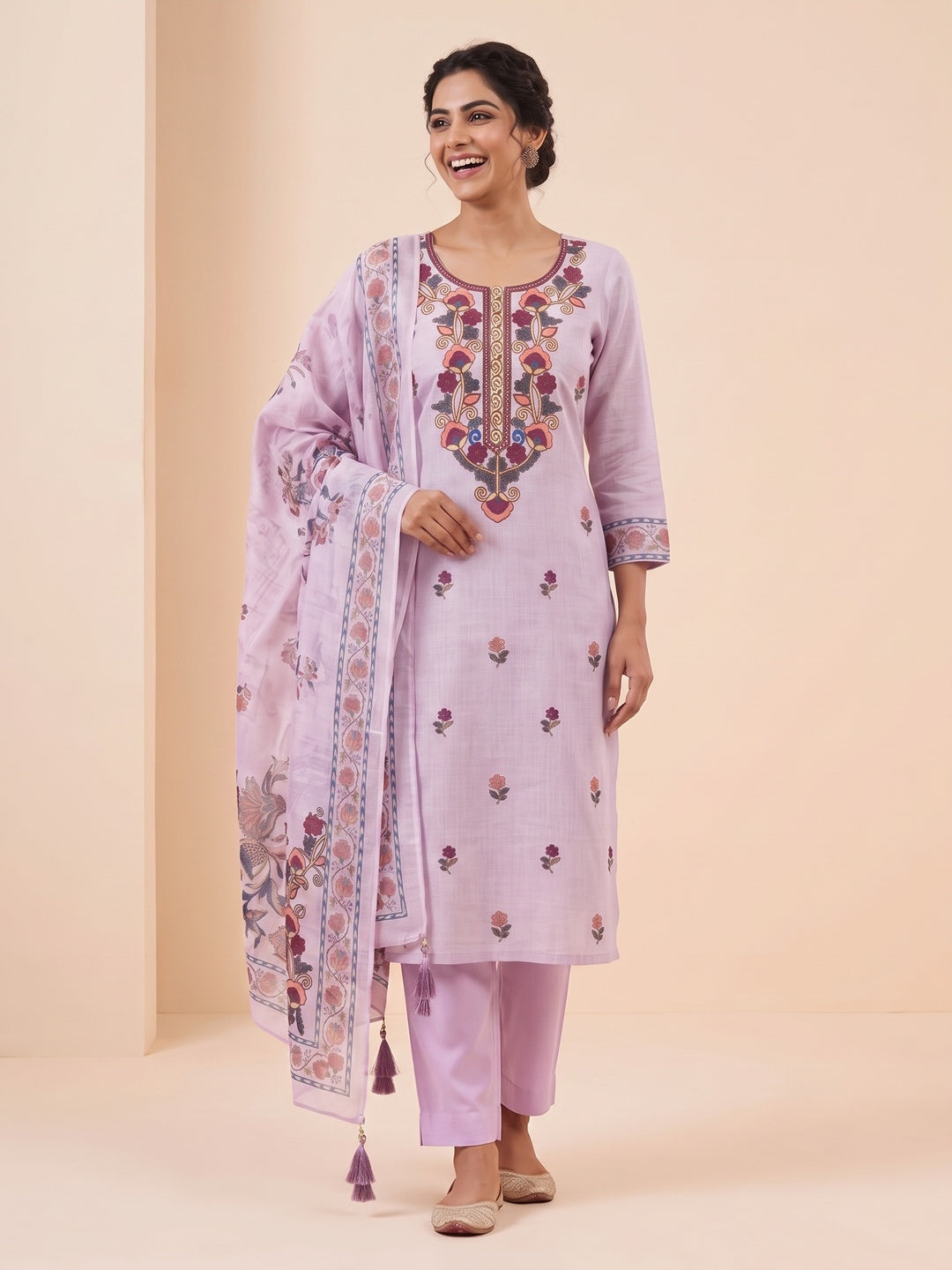 Peachmode Lavender Floral Embroidered Linen Cotton Dress Material - Image 5