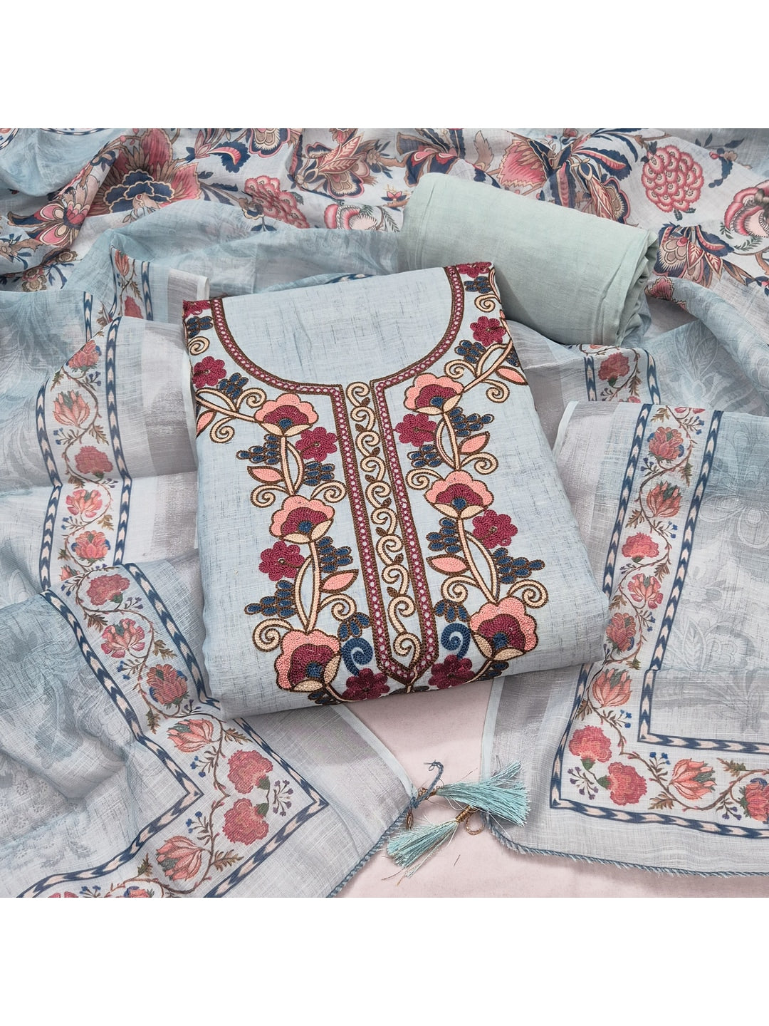 Peachmode Light Blue Floral Embroidered Linen Cotton Dress Material - Image 2