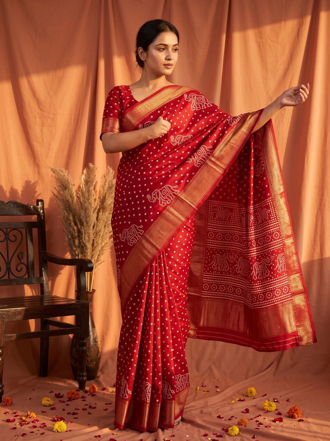 Red Dola Silk Saree Featuring Traditional Bandhani Print & Elegant Weaving Border - Image 1