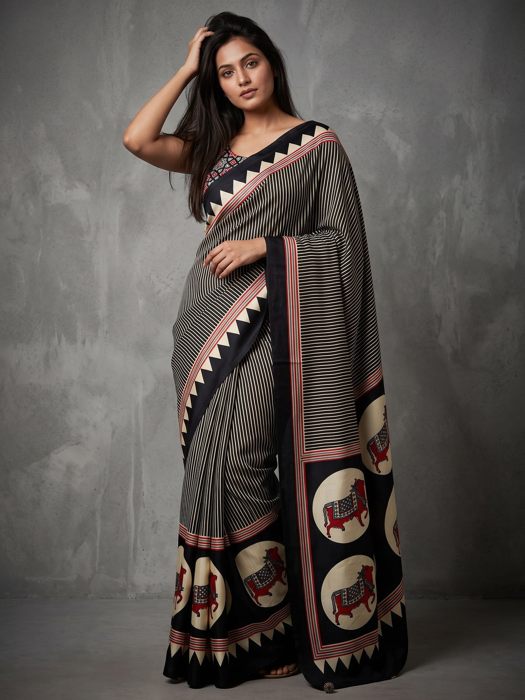 Classic Black Striped Print Saree in Luxurious Crepe Silk Fabric - Image 1