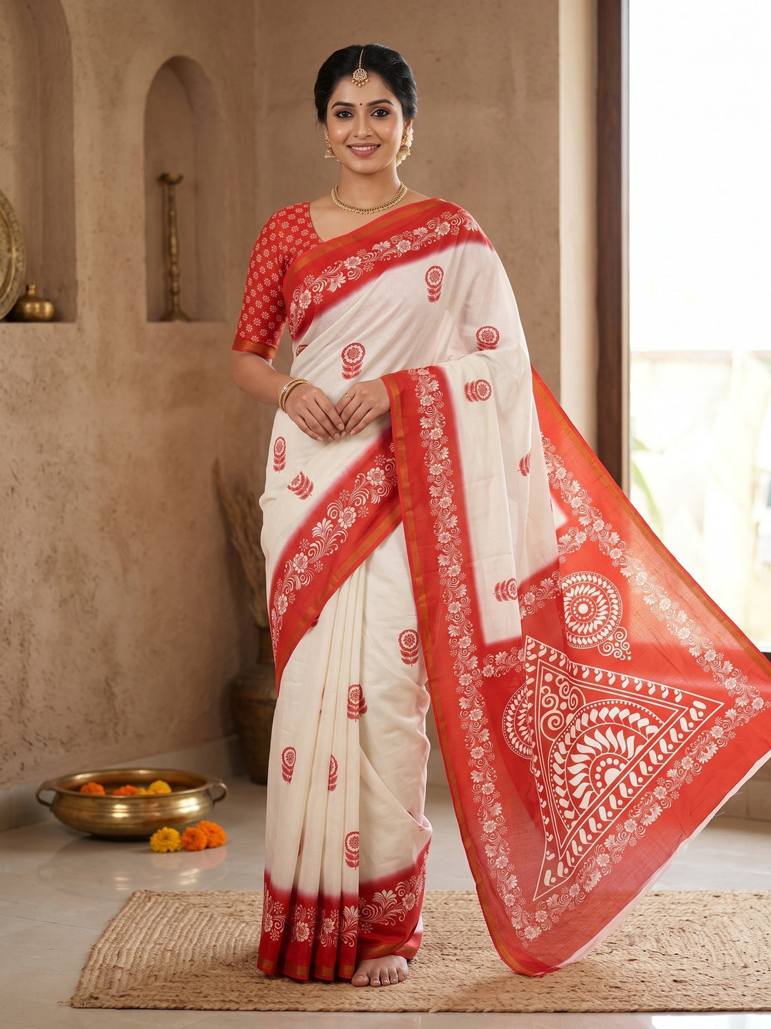 Peachmode Off White Floral Printed Mulmul Cotton Saree - Image 1