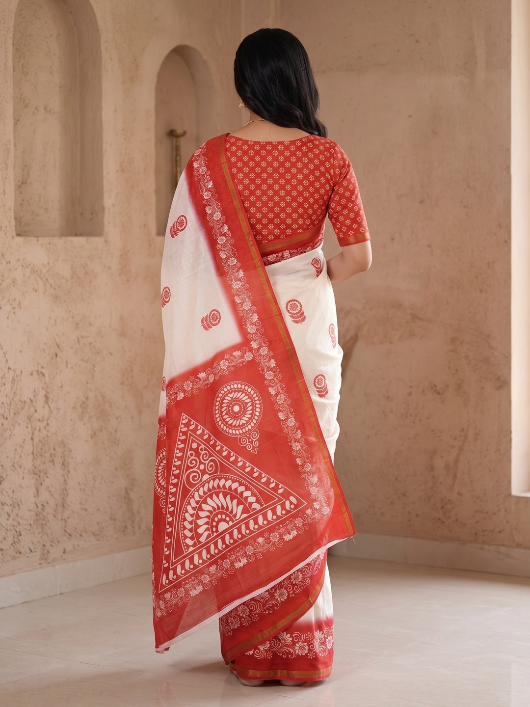 Peachmode Off White Floral Printed Mulmul Cotton Saree - Image 5