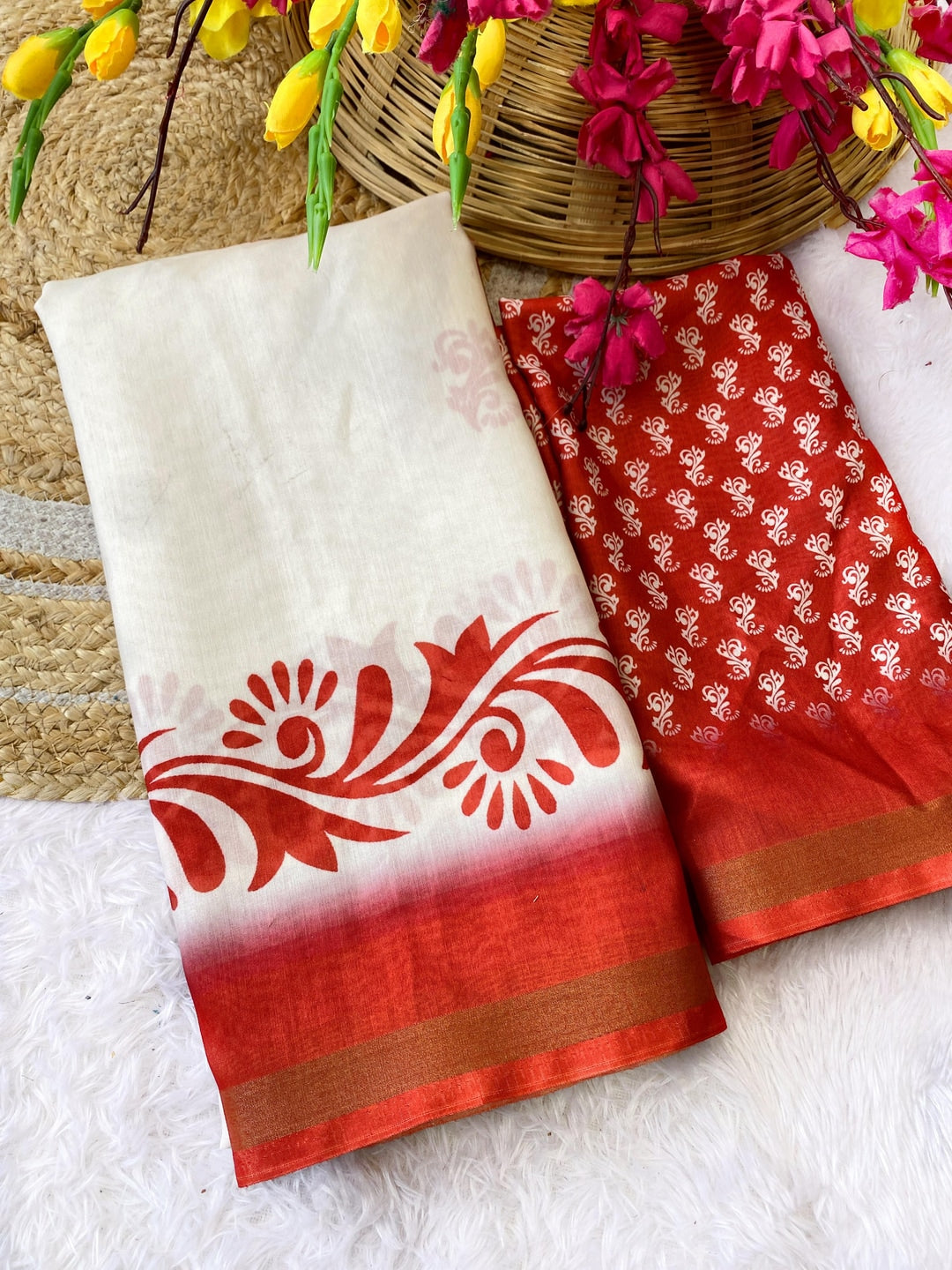 Peachmode Off White Abstract Printed Mulmul Cotton Saree - Image 4