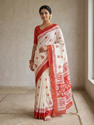 Peachmode Off White Paisley Printed Mulmul Cotton Saree - Image 1