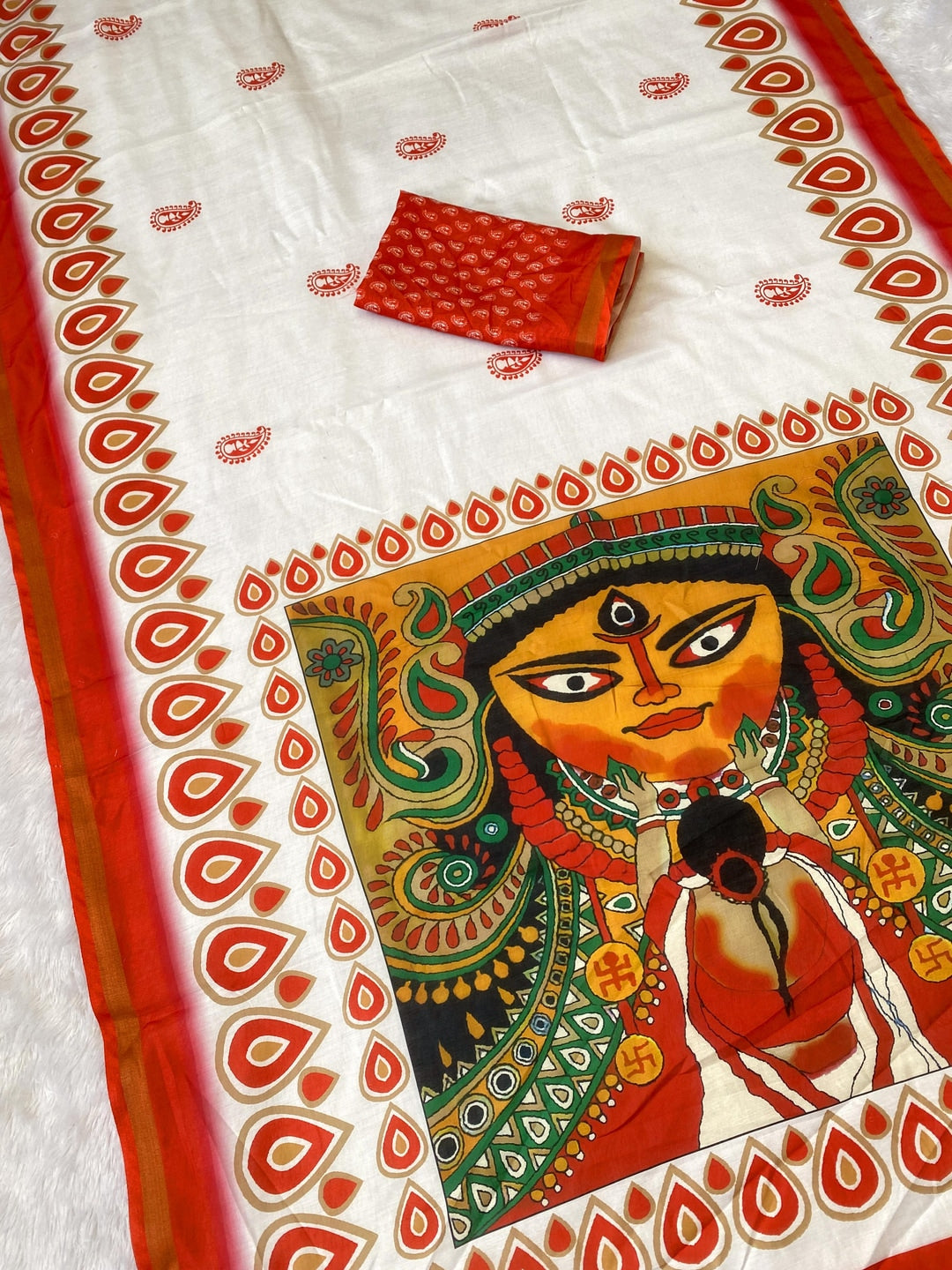 Peachmode Off White Paisley Border Mulmul Cotton Saree - Image 3