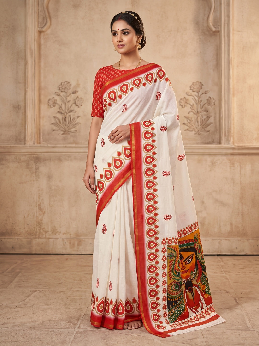 Peachmode Off White Paisley Border Mulmul Cotton Saree - Image 1