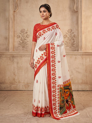 Peachmode Off White Paisley Border Mulmul Cotton Saree - Image 1