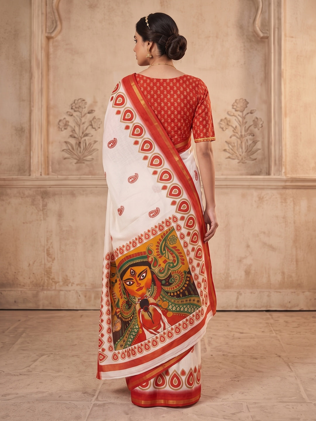 Peachmode Off White Paisley Border Mulmul Cotton Saree - Image 5