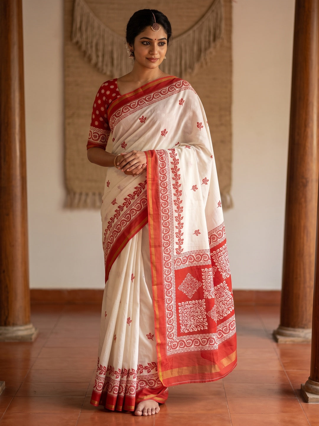 Peachmode Off White Leaf Printed Mulmul Cotton Saree - Image 1