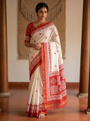 Peachmode Off White Leaf Printed Mulmul Cotton Saree - Image 1