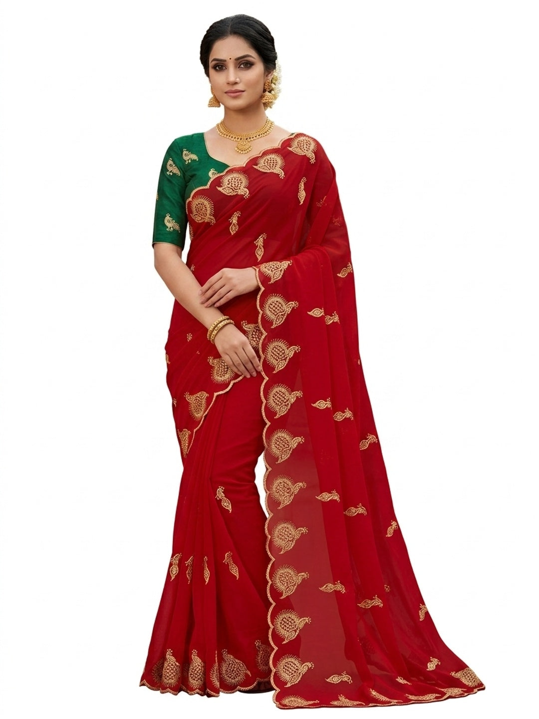 Peachmode Red Georgette Embroidered Saree - Image 6