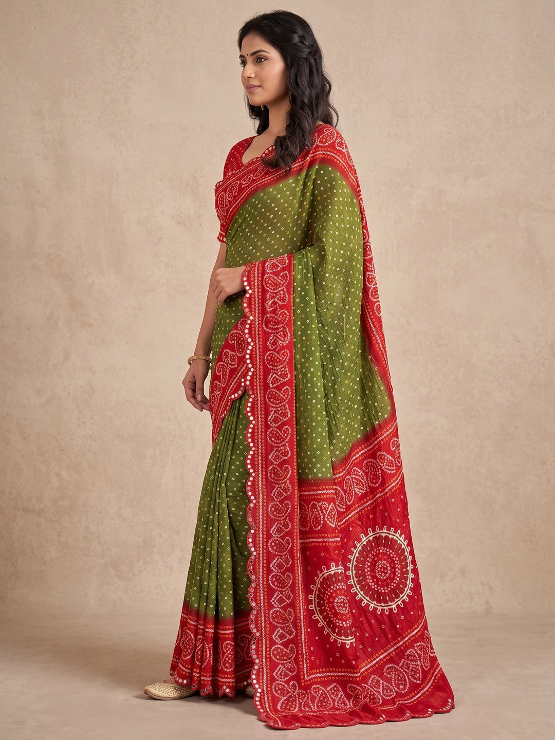 Peachmode Olive Green Bandhani Mirror Work Chiffon Saree - Image 3