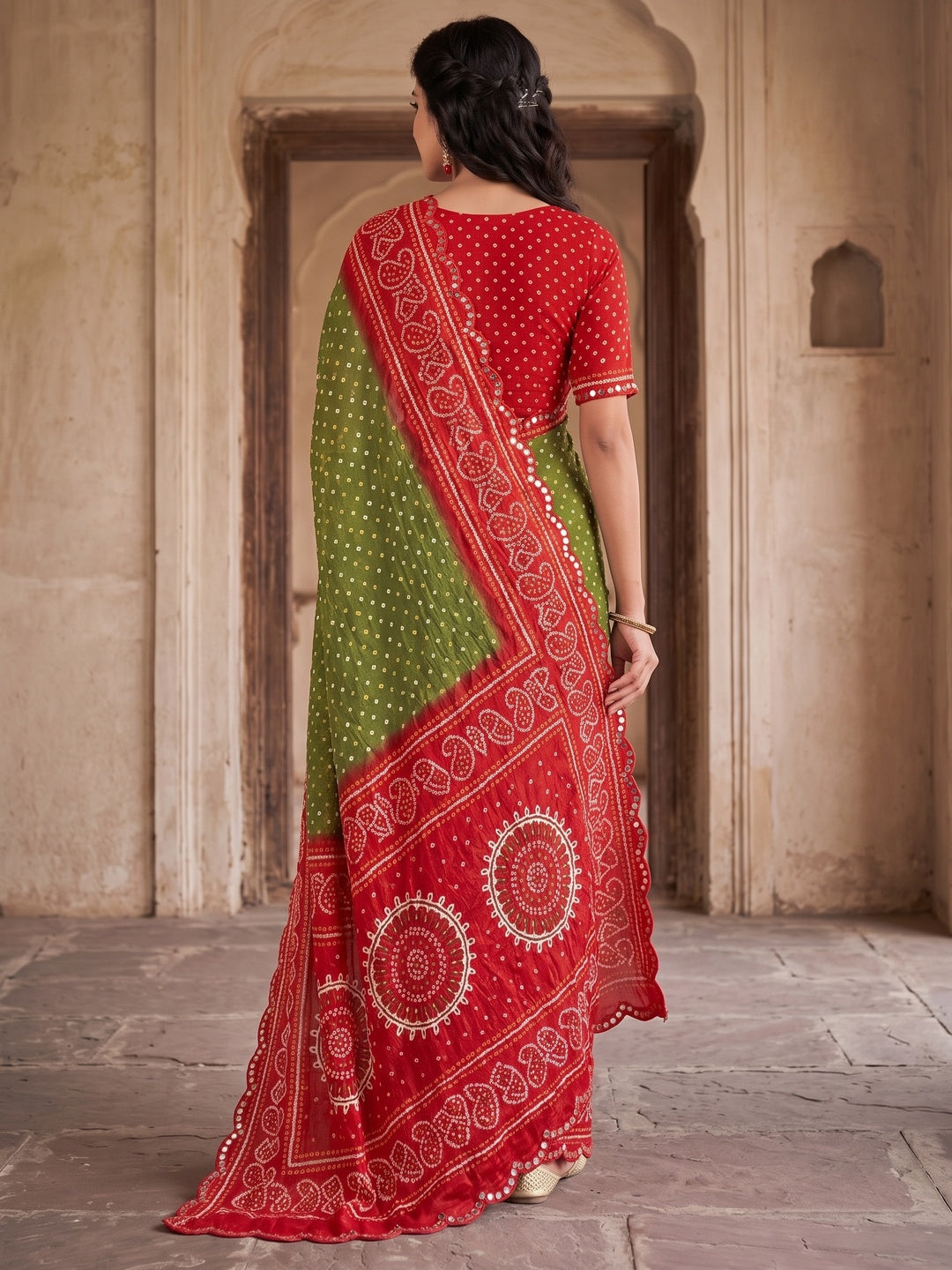Peachmode Olive Green Bandhani Mirror Work Chiffon Saree - Image 5