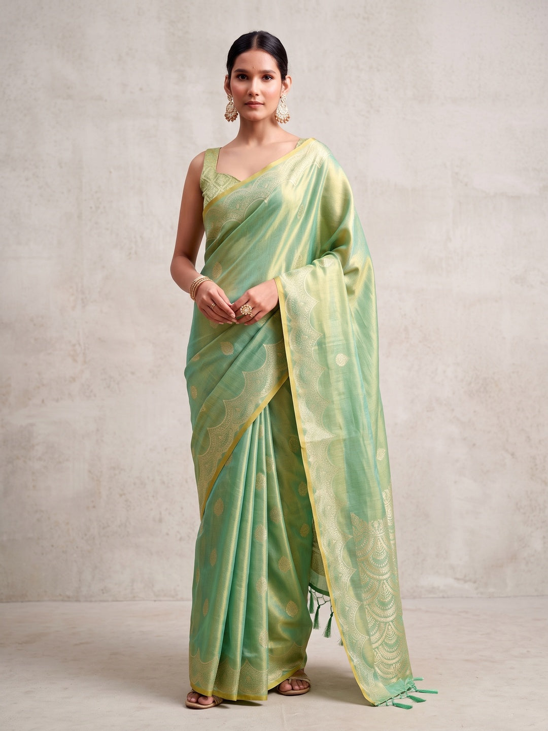 Peachmode Mint Green Woven Tissue Silk Saree - Image 1