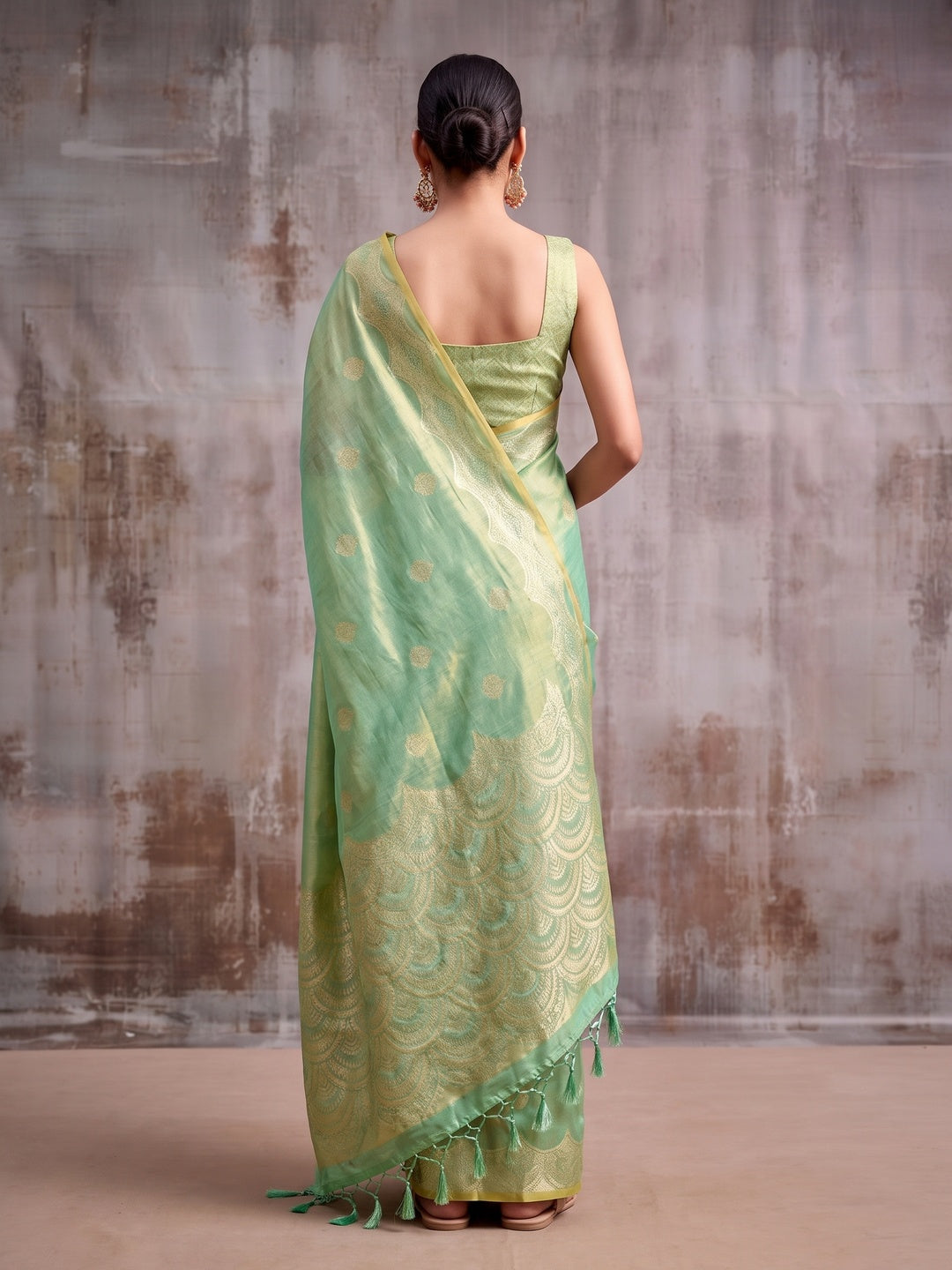 Peachmode Mint Green Woven Tissue Silk Saree - Image 2