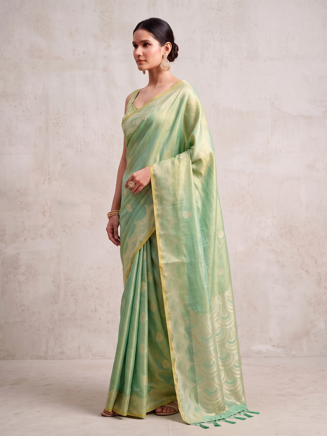 Peachmode Mint Green Woven Tissue Silk Saree - Image 3