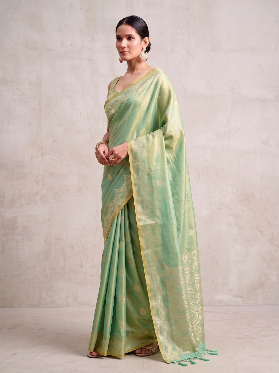 Peachmode Mint Green Woven Tissue Silk Saree - Image 4