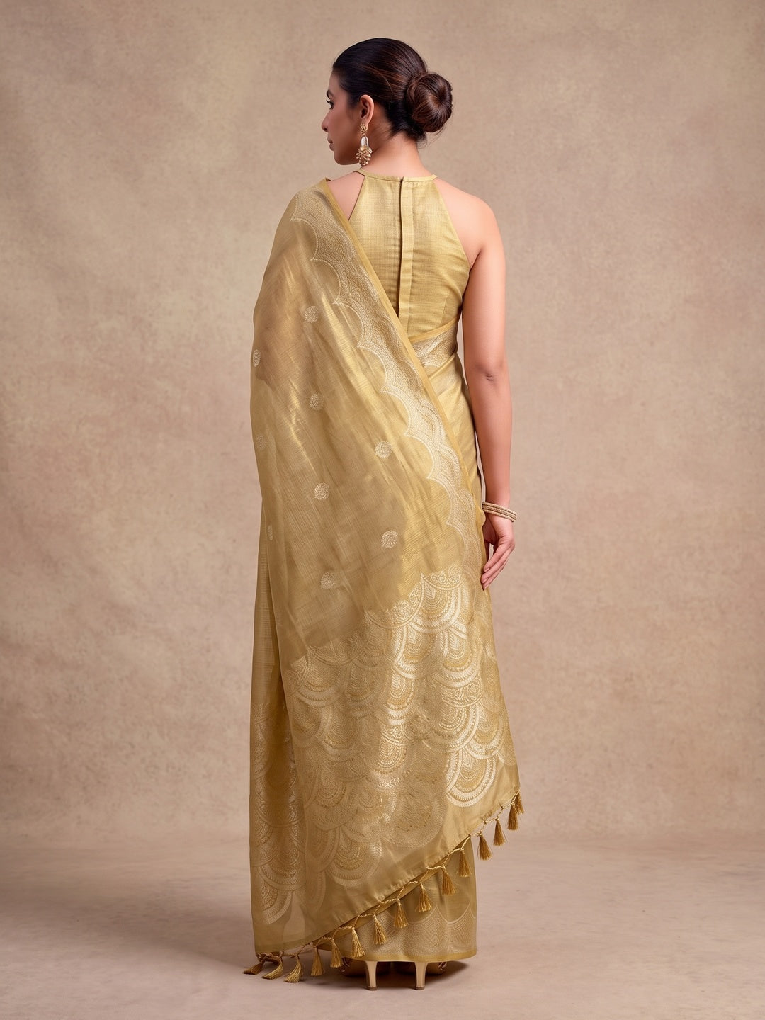 Peachmode Gold Woven Tissue Silk Saree - Image 3