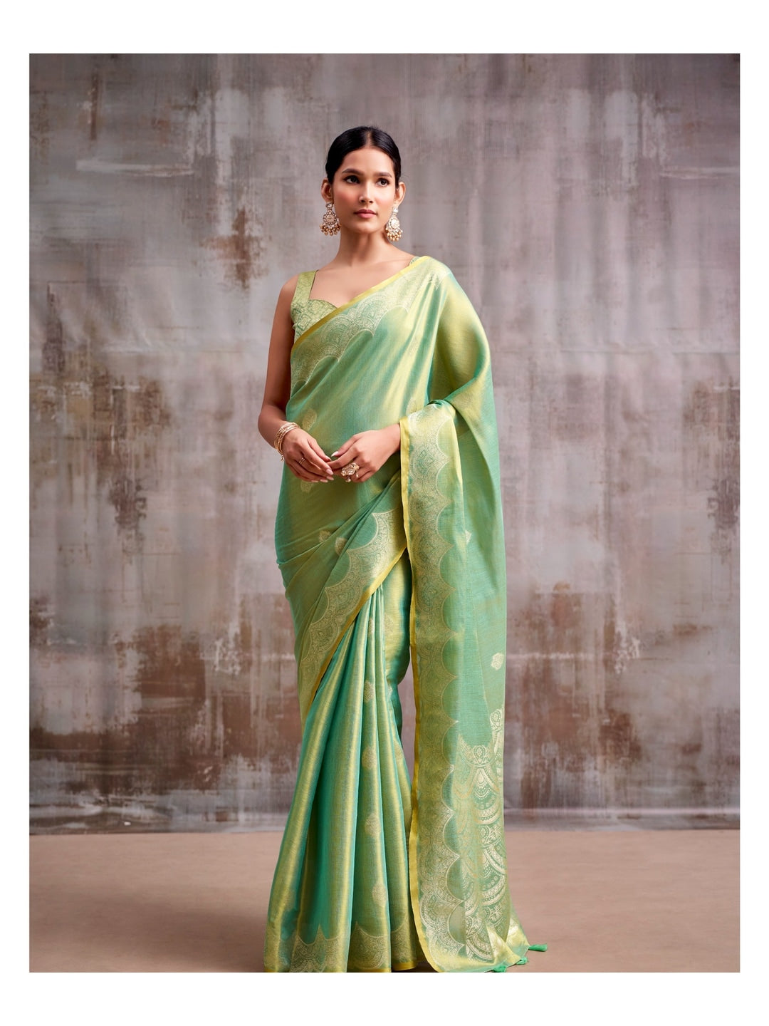 Peachmode Mint Green Woven Tissue Silk Saree - Image 5