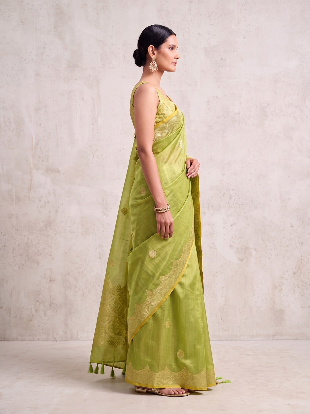 Peachmode Lime Green Woven Tissue Silk Saree - Image 5
