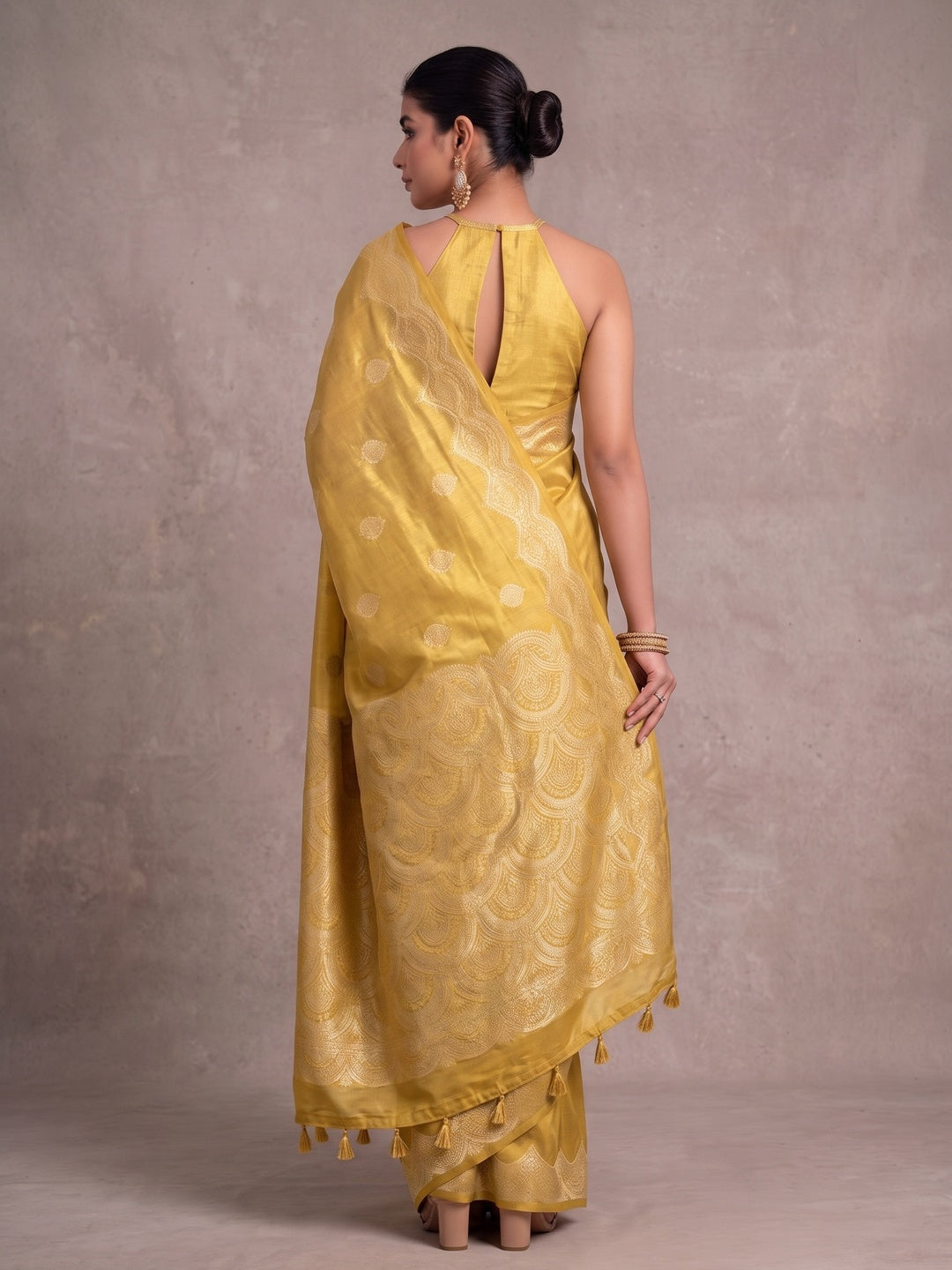 Peachmode Mustard Woven Tissue Silk Saree - Image 3