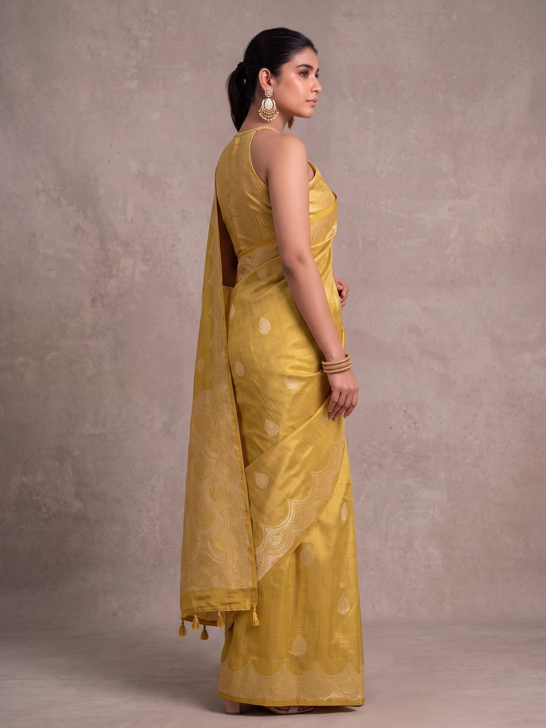 Peachmode Mustard Woven Tissue Silk Saree - Image 5