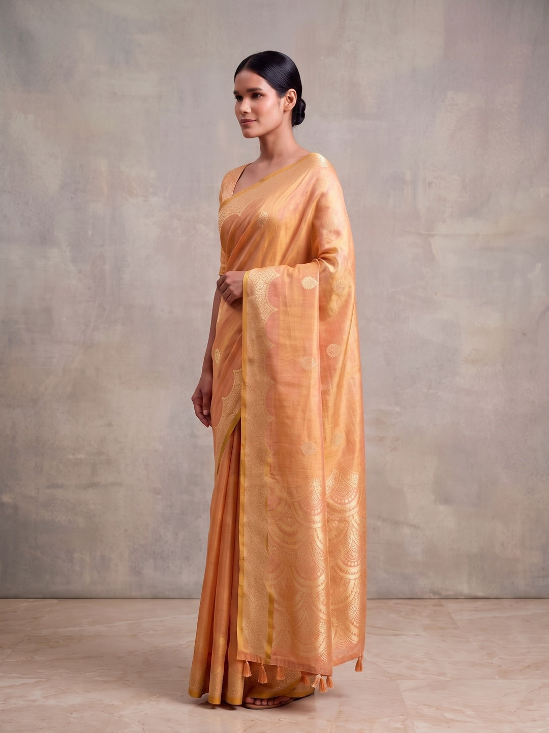 Peachmode Orange Woven Tissue Silk Saree - Image 4