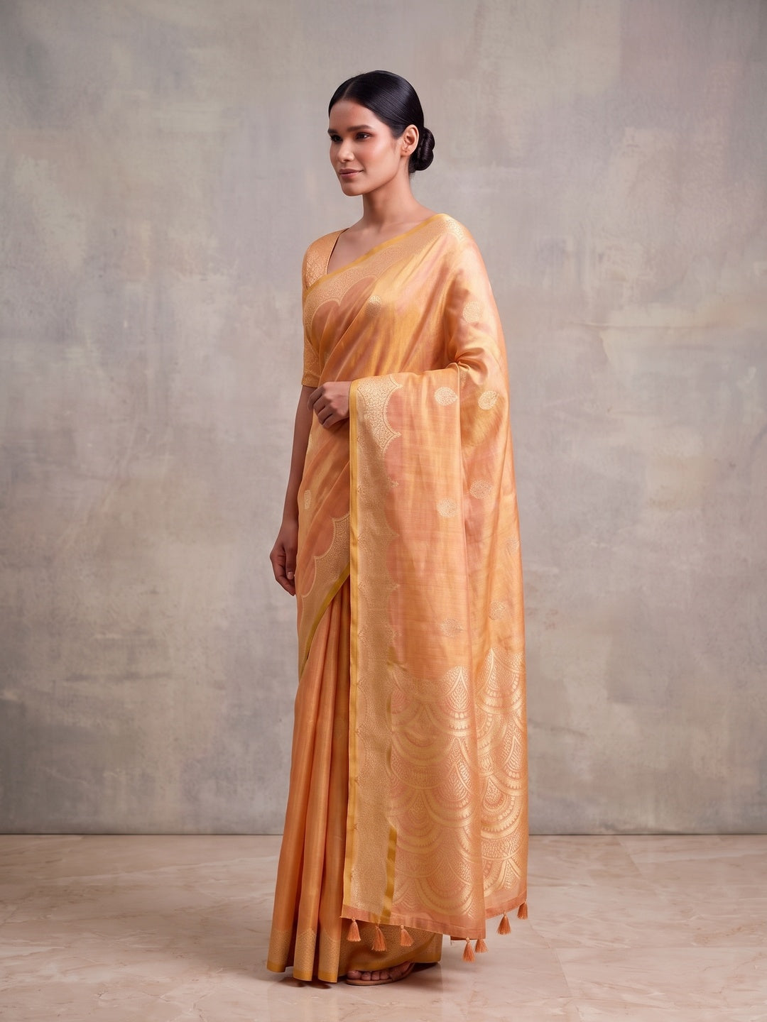 Peachmode Orange Woven Tissue Silk Saree - Image 5