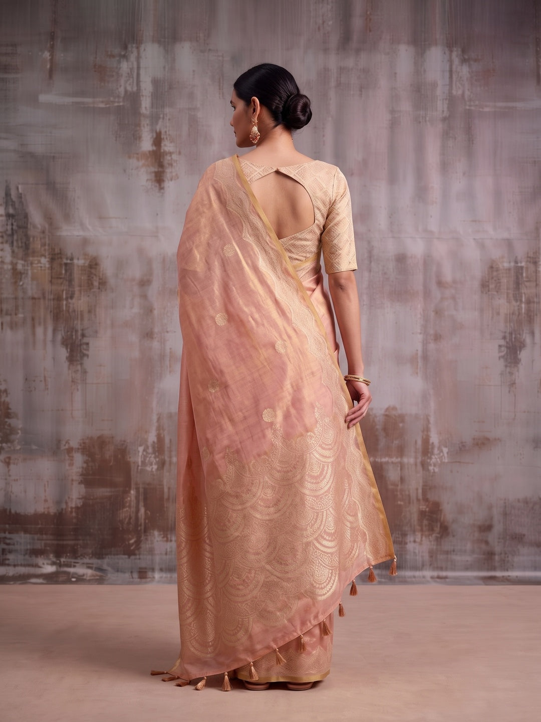 Peachmode Peach Woven Tissue Silk Saree - Image 3