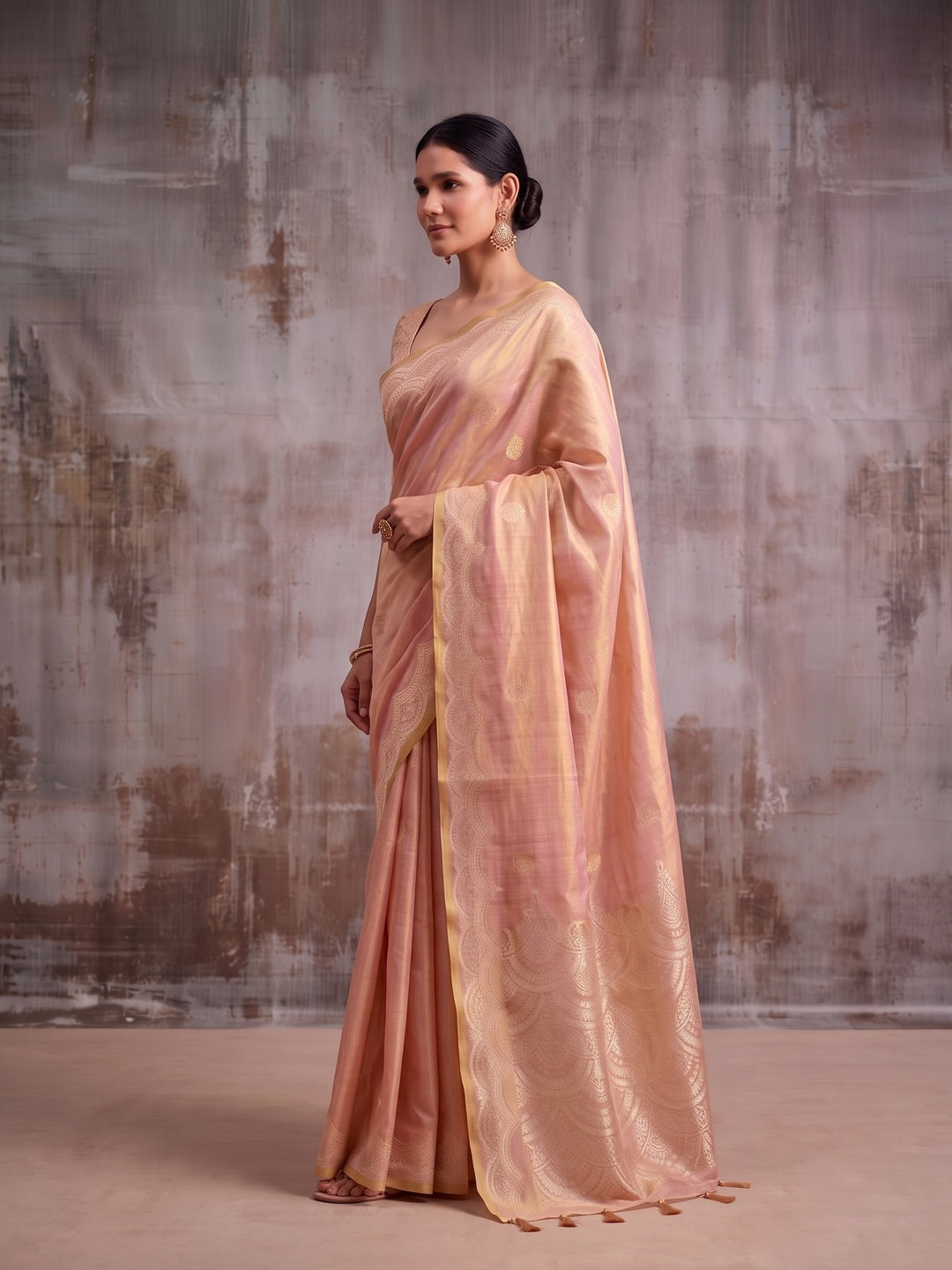 Peachmode Peach Woven Tissue Silk Saree - Image 5