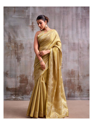 Peachmode Gold Woven Tissue Silk Saree - Image 1