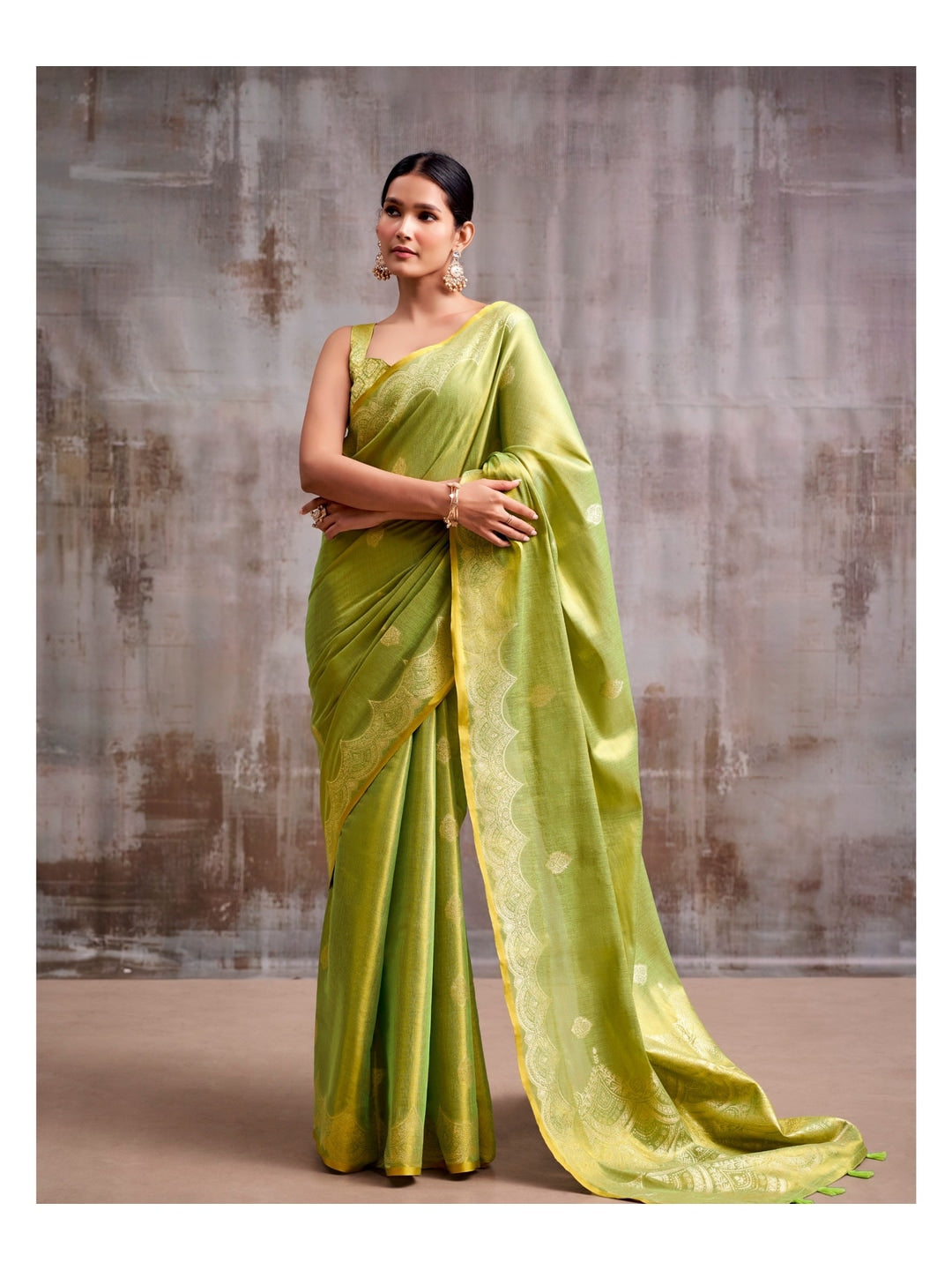 Peachmode Lime Green Woven Tissue Silk Saree - Image 2