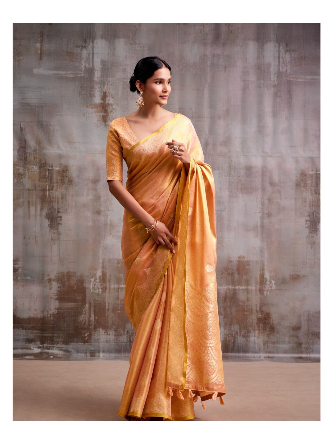 Peachmode Orange Woven Tissue Silk Saree - Image 2