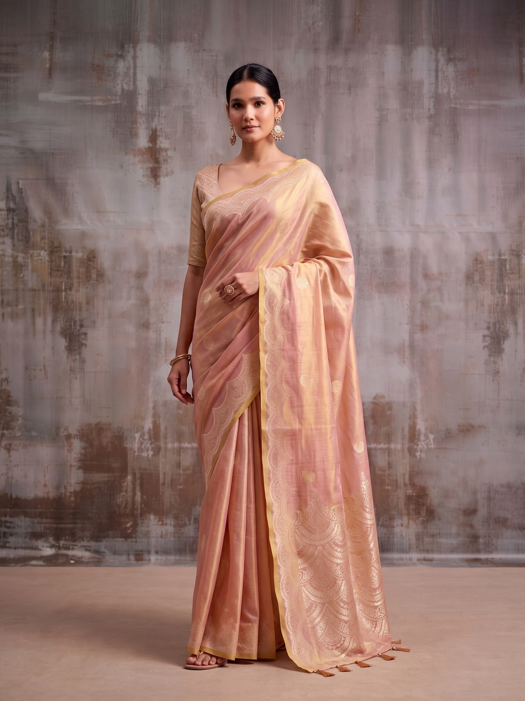 Peachmode Peach Woven Tissue Silk Saree - Image 1
