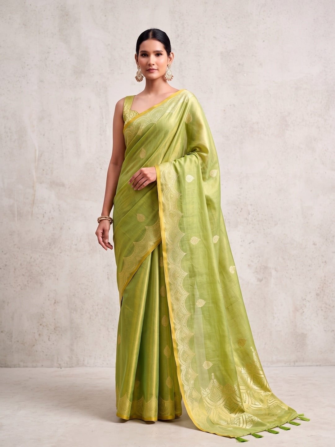 Peachmode Lime Green Woven Tissue Silk Saree - Image 1