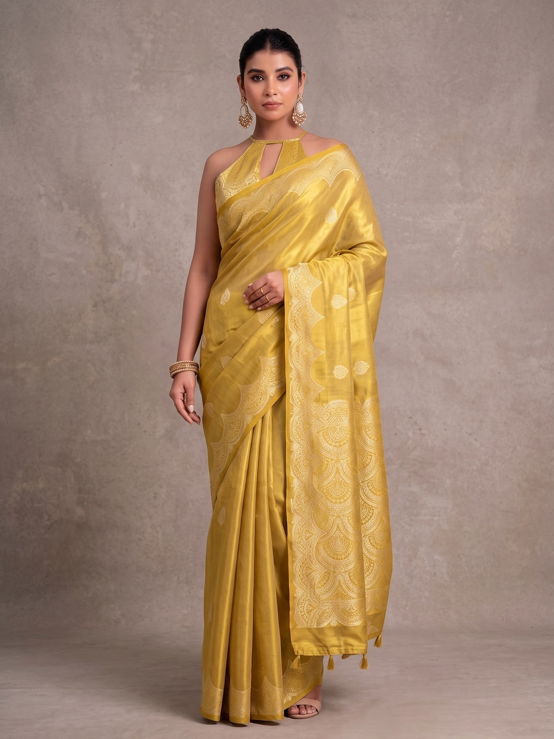 Peachmode Mustard Woven Tissue Silk Saree - Image 1