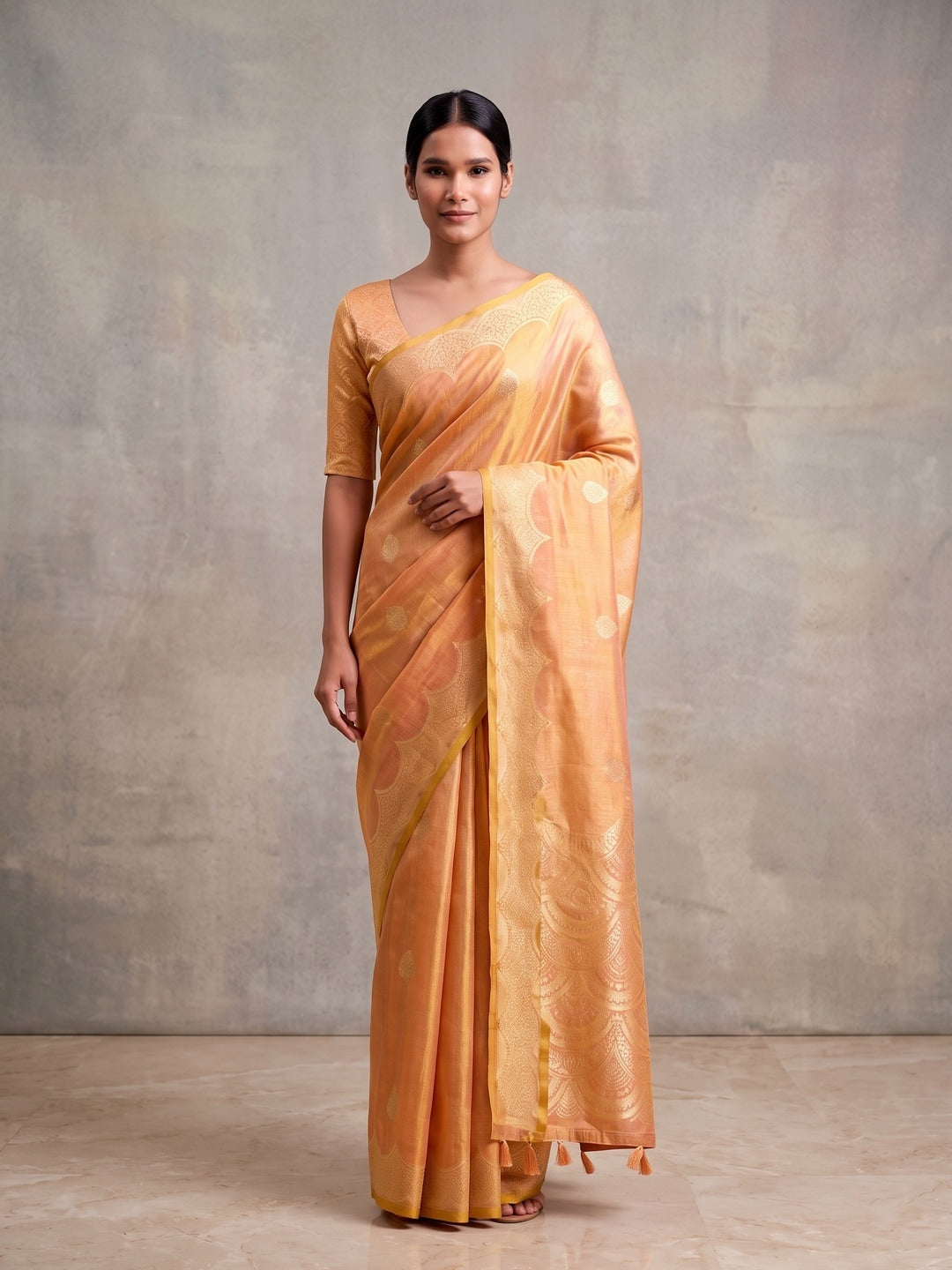 Peachmode Orange Woven Tissue Silk Saree - Image 1