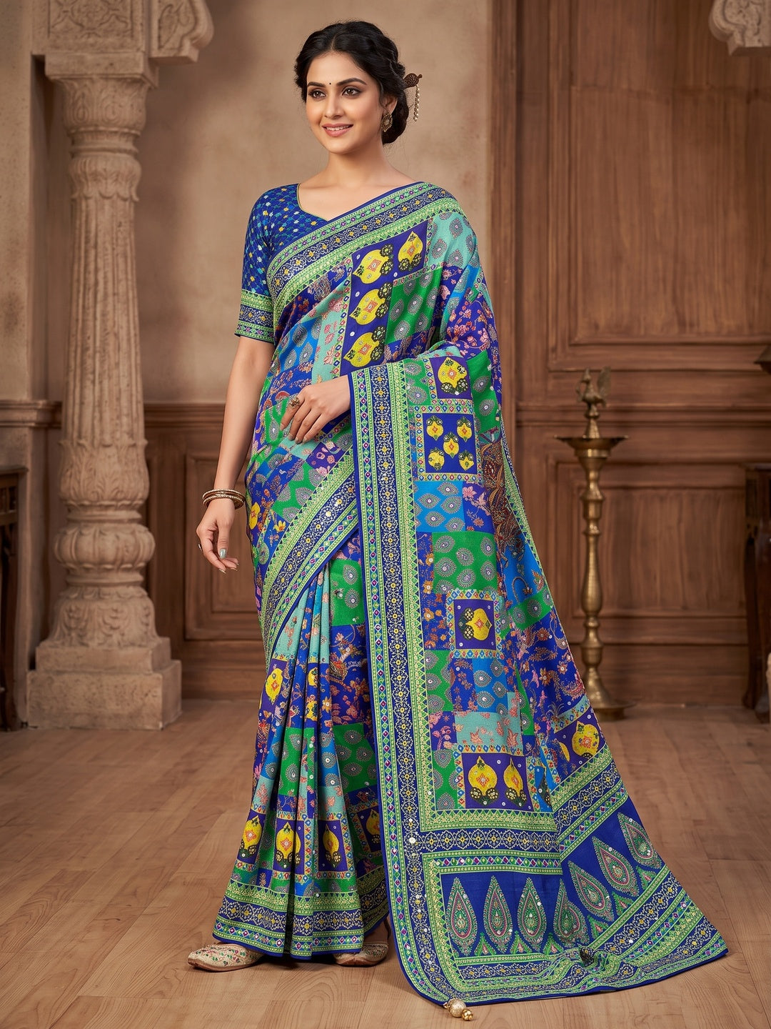 Peachmode Blue Mirror Work Chinon Silk Saree - Image 1