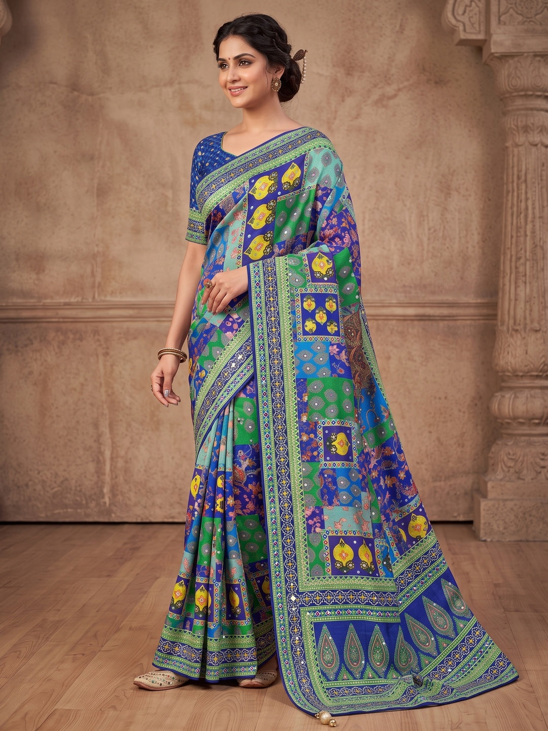 Peachmode Blue Mirror Work Chinon Silk Saree - Image 4