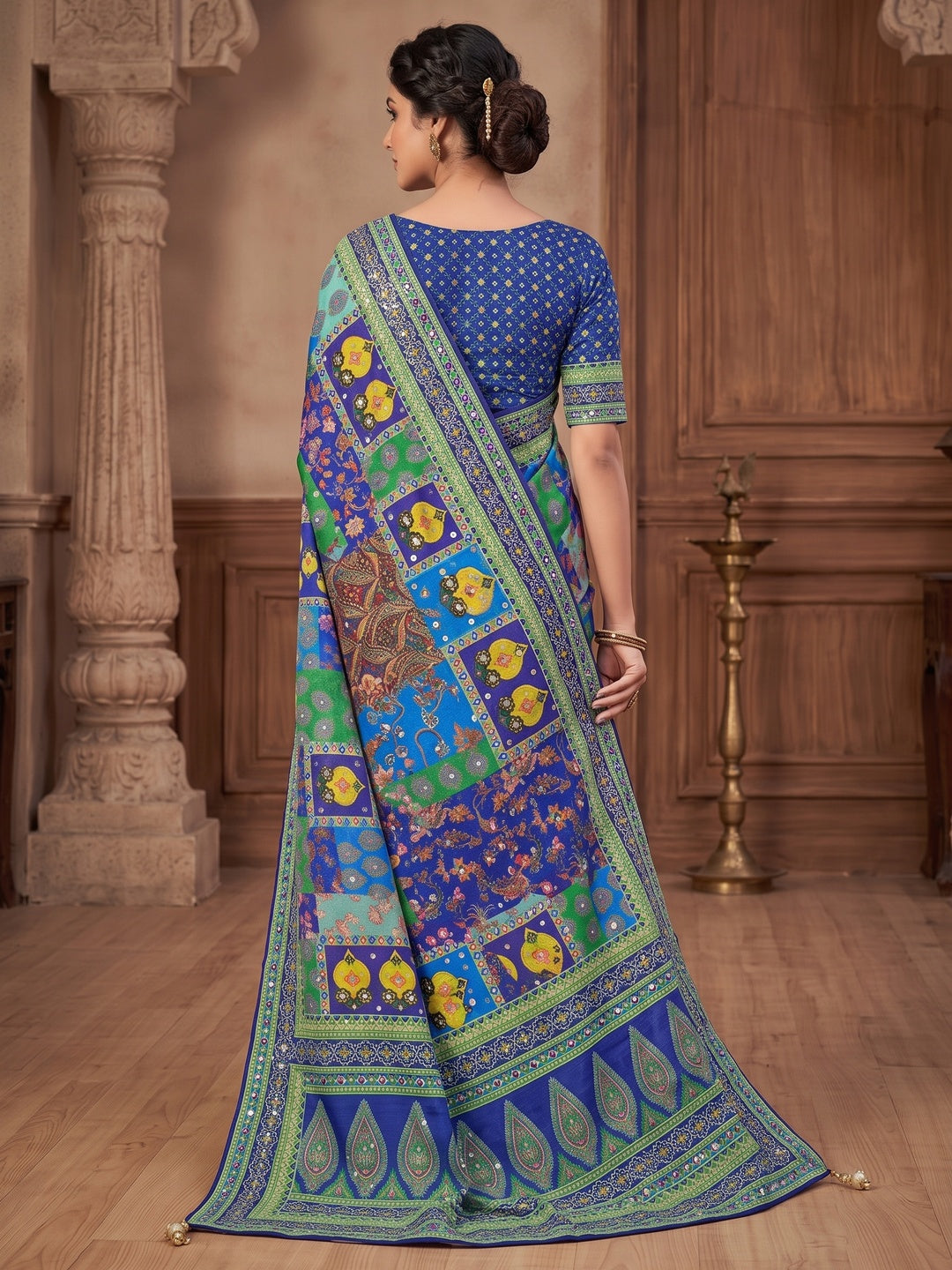 Peachmode Blue Mirror Work Chinon Silk Saree - Image 5
