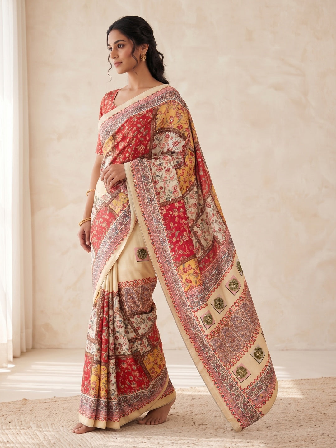 Peachmode Cream Mirror Work Chinon Silk Saree - Image 3