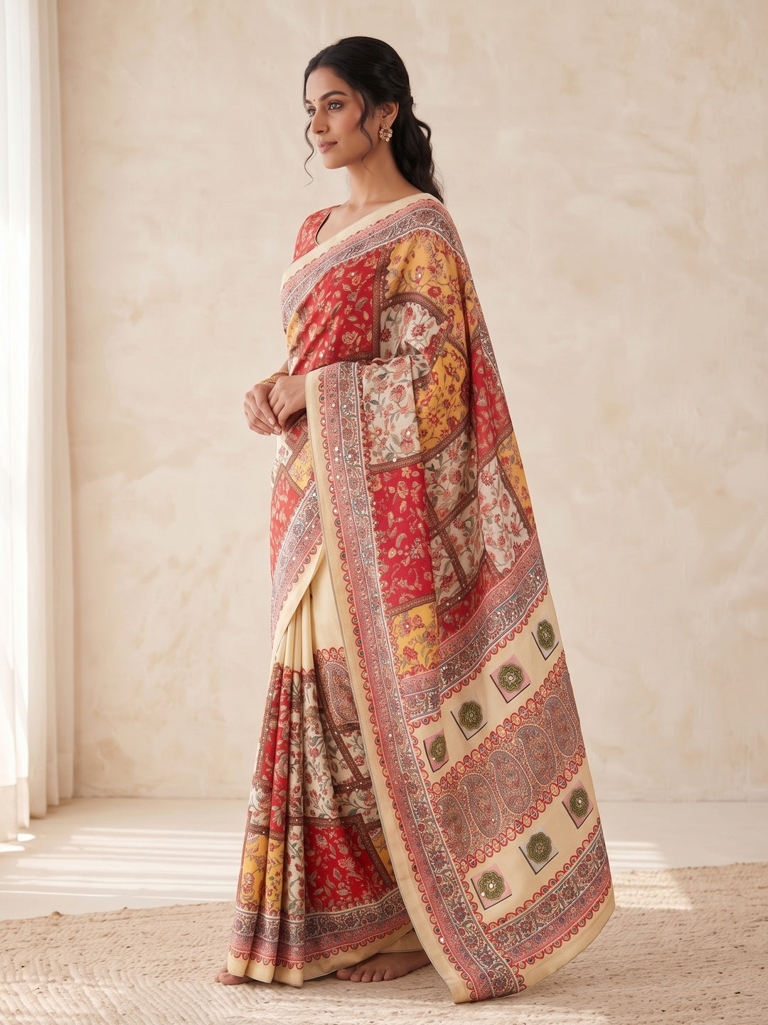 Peachmode Cream Mirror Work Chinon Silk Saree - Image 4