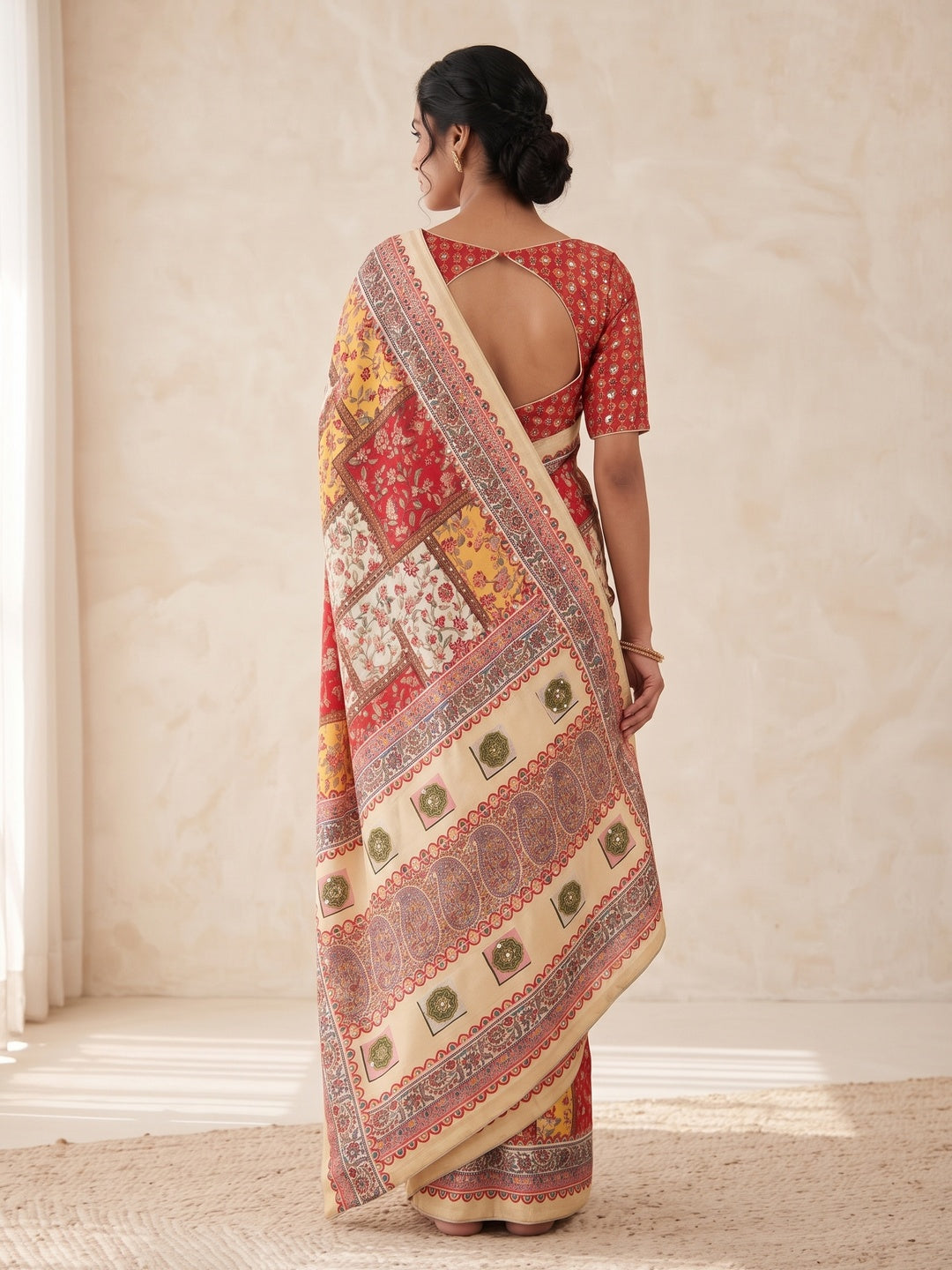Peachmode Cream Mirror Work Chinon Silk Saree - Image 5