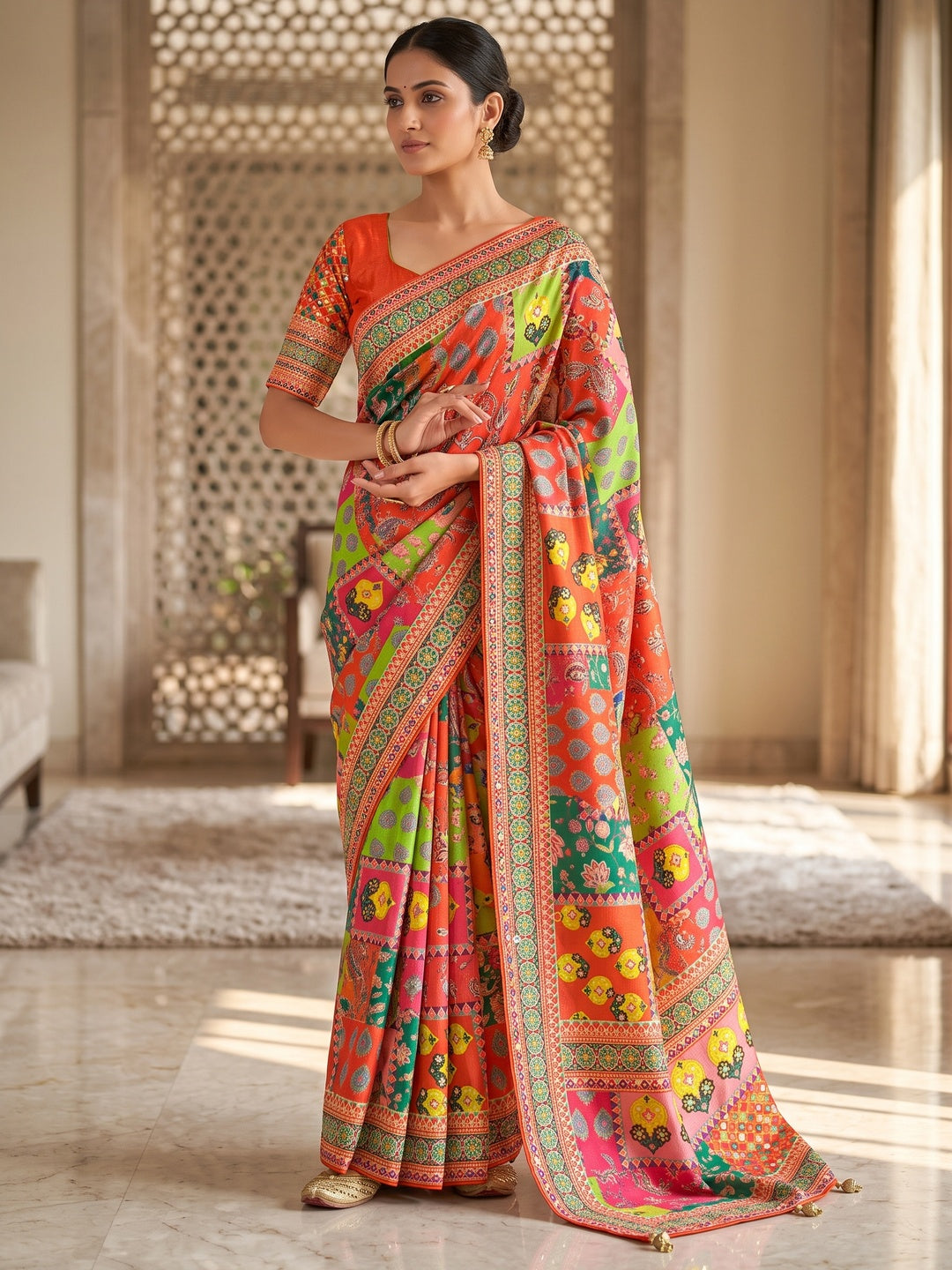Peachmode Orange Mirror Work Chinon Silk Saree - Image 1