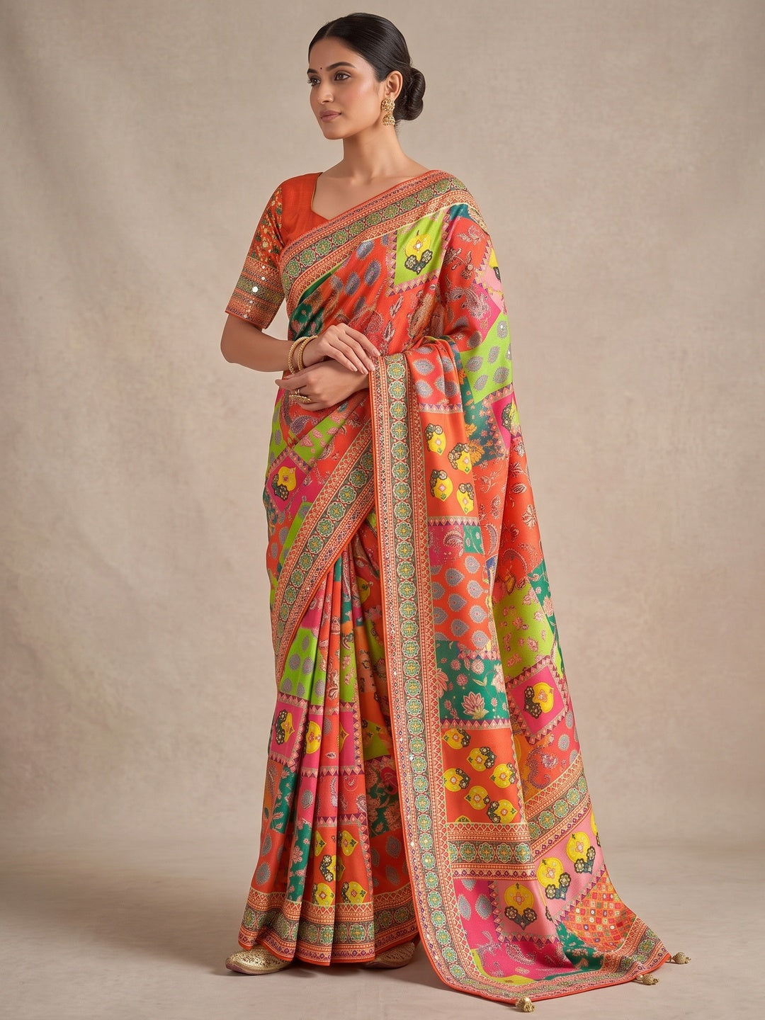 Peachmode Orange Mirror Work Chinon Silk Saree - Image 3